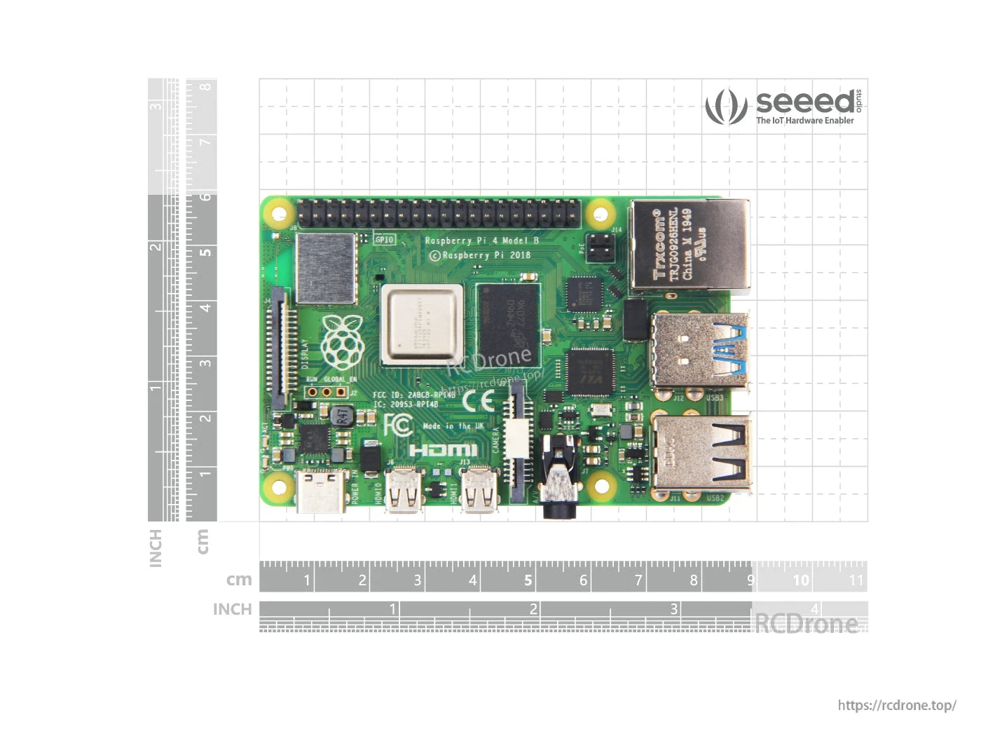 Raspberry Pi 4 Model B: 2GB RAM, 1.5GHz quad-core, dual 4K HDMI, Wi-Fi AC, Bluetooth 5.0, USB 3.0, Gigabit Ethernet, GPIO, UK-made, CE/FCC certified, with TRXCOM and Raspberry Pi logo.