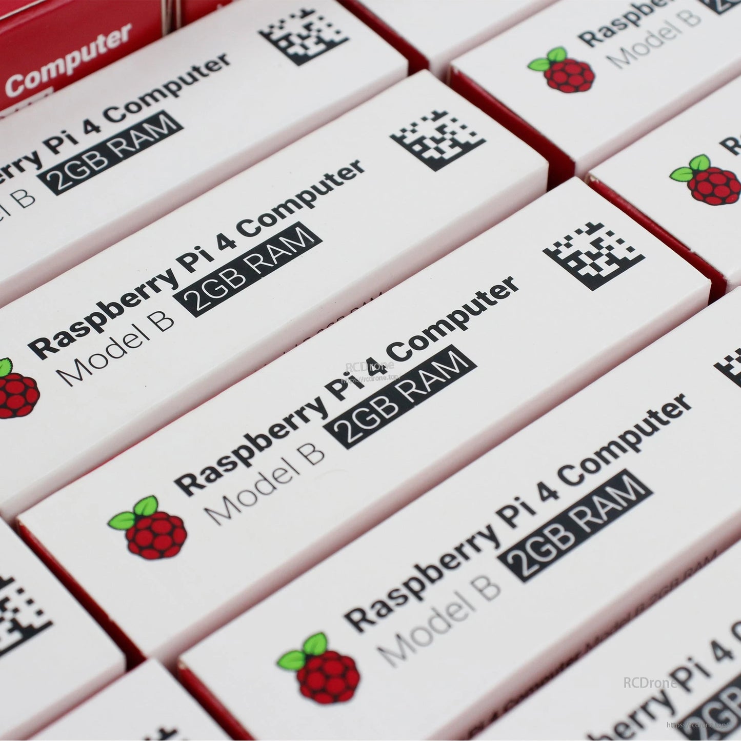 Raspberry Pi 4 Computer Model B packaging close-up showing 2GB RAM labels
