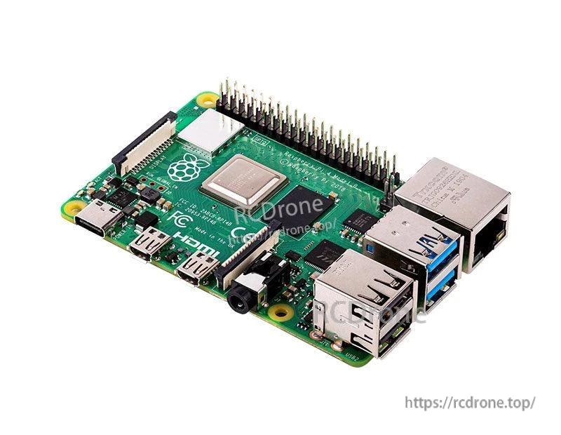 Angled view of Raspberry Pi 4 board showing dual micro HDMI, USB-C power and 40-pin GPIO header