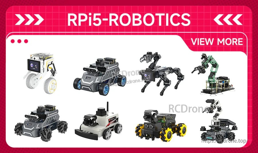 RPi5-Robotics banner with examples of Raspberry Pi robot builds and vehicles