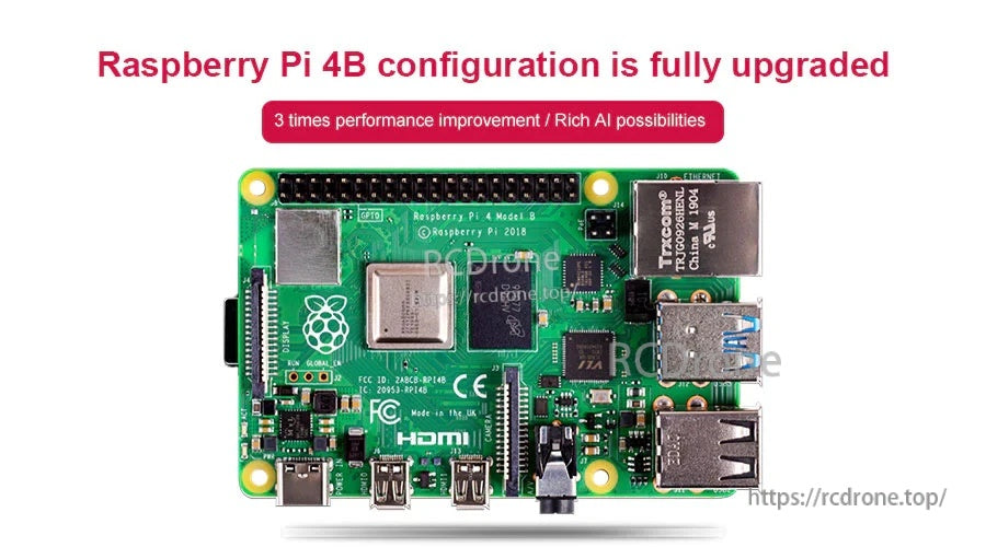 Raspberry Pi 4 Model B board close-up with BCM2711 chipset and ports visible