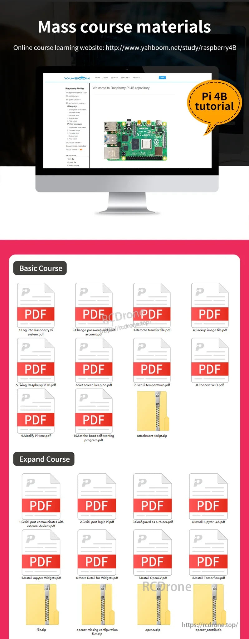 Mass course materials screen with Raspberry Pi 4B tutorial and downloadable PDF lessons