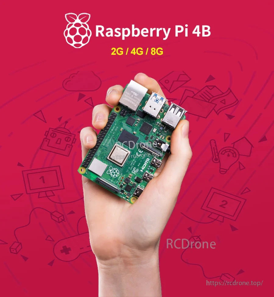 Raspberry Pi 4 Model B board held in hand, 2GB/4GB/8GB memory options highlighted