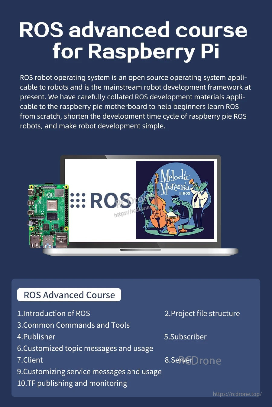 ROS advanced course for Raspberry Pi banner with lesson topics list and laptop graphic