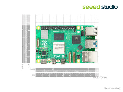 Raspberry Pi 5 features 2GB RAM, Cortex-A76 CPU, VideoCore VII GPU, dual 4Kp60 HDMI, Wi-Fi, Bluetooth 5.0, GPIO, USB, Ethernet, and microSD slot.