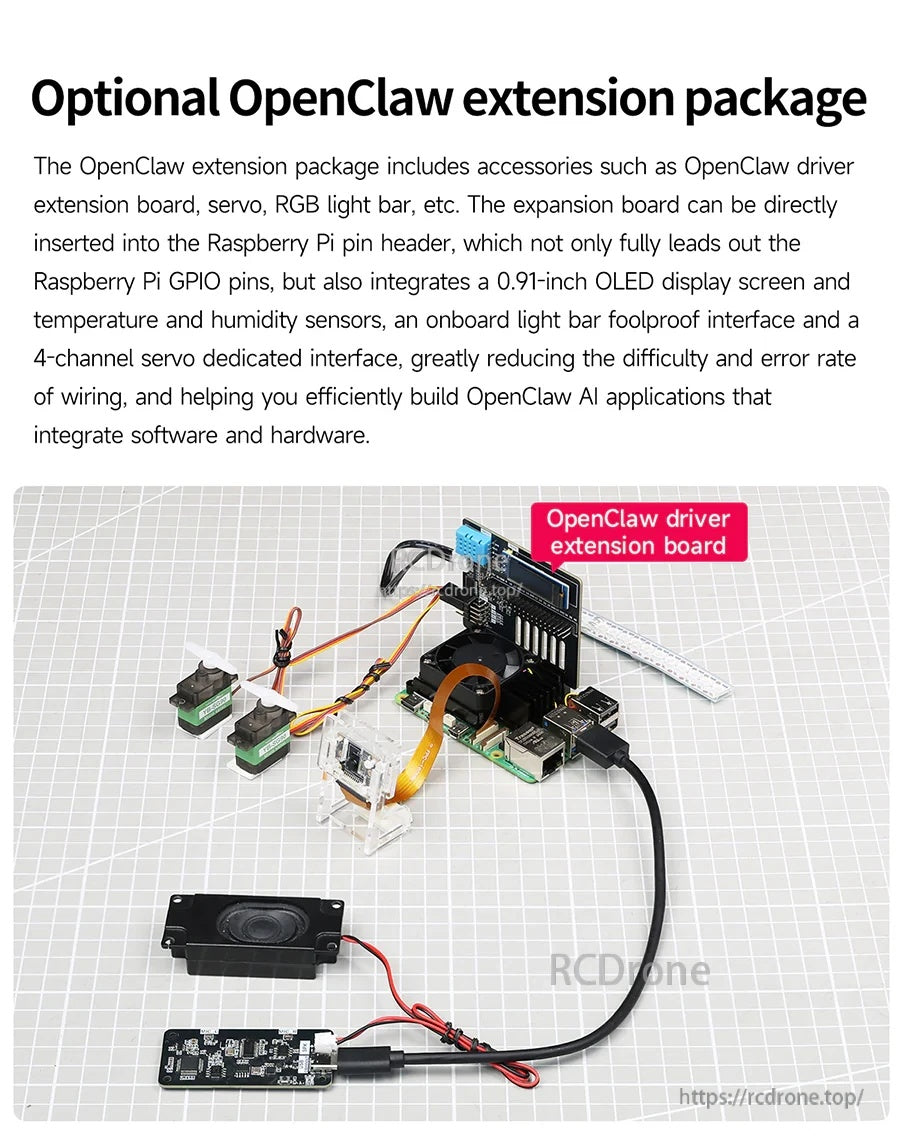 Optional OpenClaw extension package with driver board, servos, and connected Raspberry Pi 5 setup