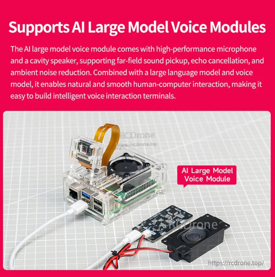Raspberry Pi 5 case with AI large model voice module, microphone board and speaker for voice interaction