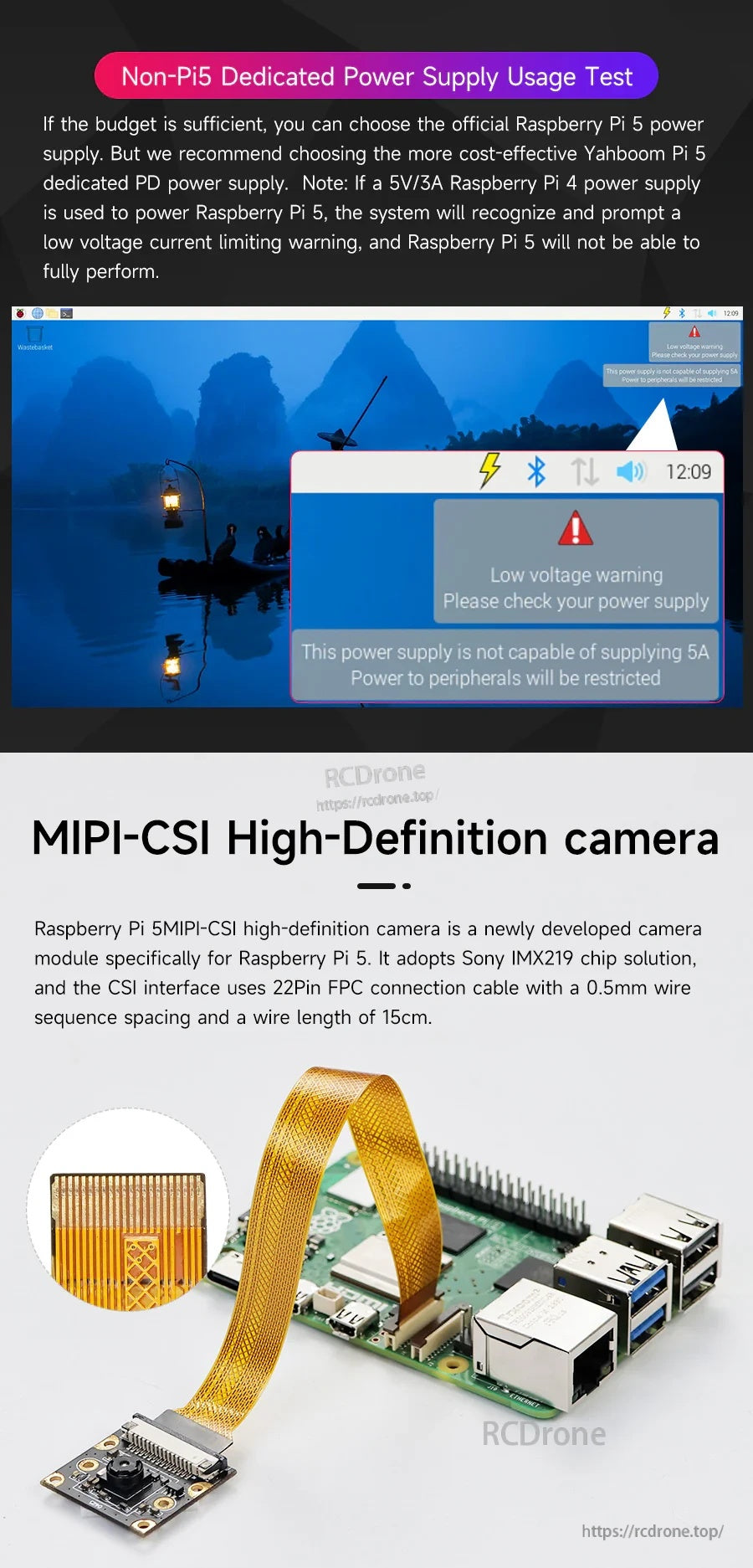Power supply warning example and Raspberry Pi 5 MIPI-CSI high-definition camera ribbon connection