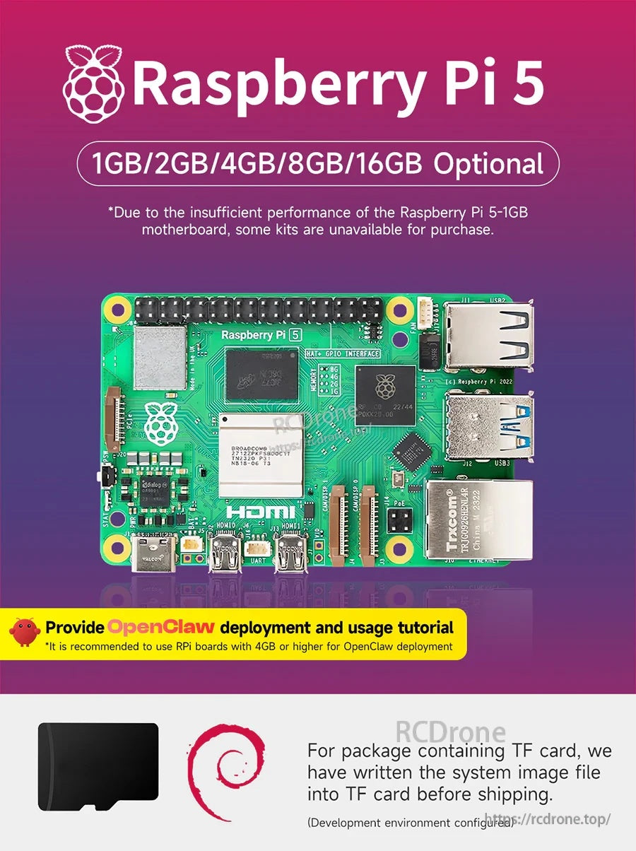 Yahboom Raspberry Pi 5 AI large model board and starter kit with 1GB/2GB/4GB/8GB/16GB options