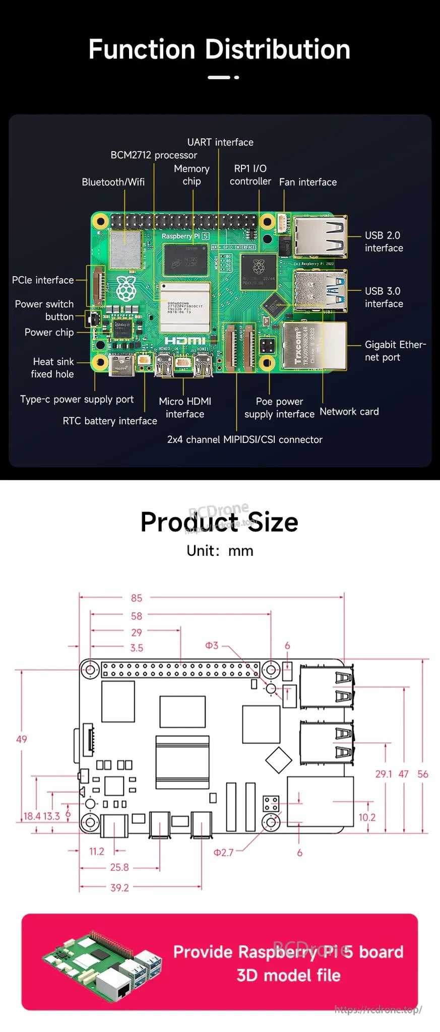 Raspberry Pi 5 board diagram labeling USB, HDMI, GPIO, Ethernet, PCIe, Type‑C power, and size in mm