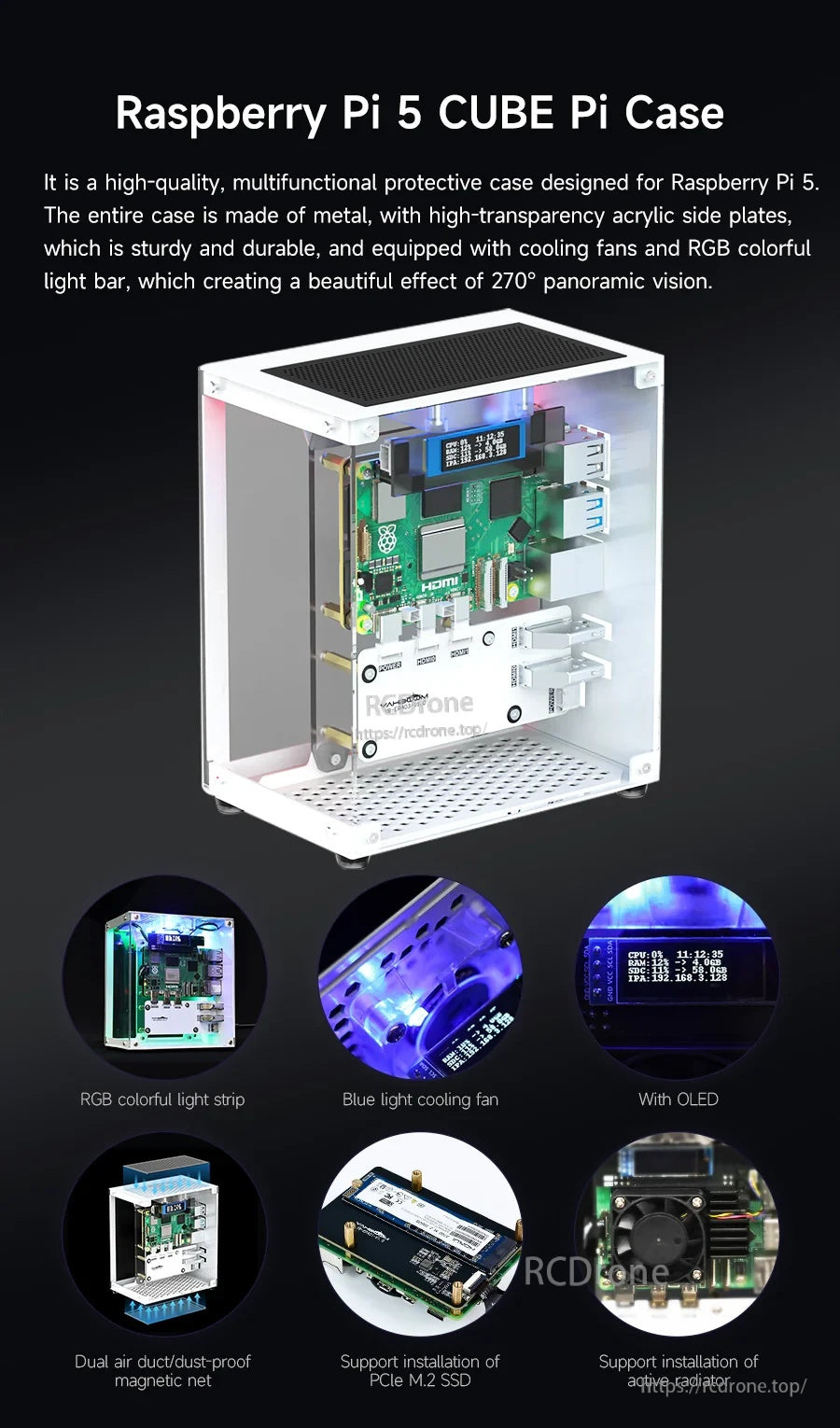 Raspberry Pi 5 CUBE Pi metal case with transparent acrylic panels, RGB light strip, fan and OLED screen