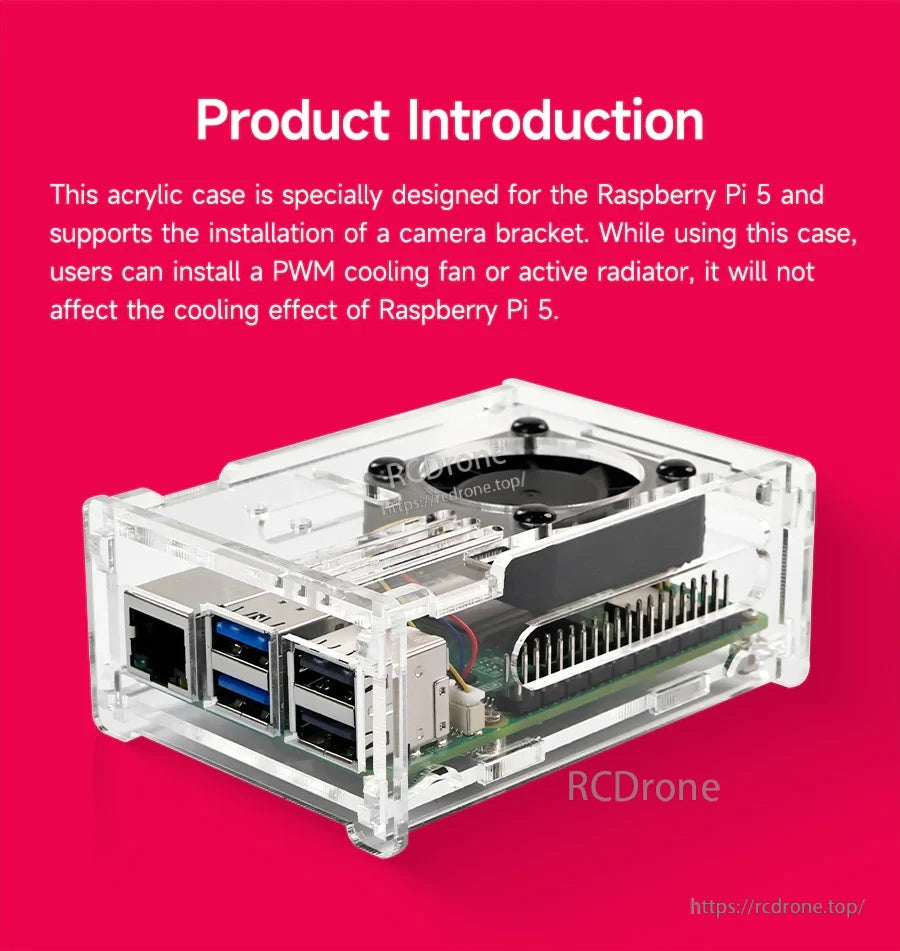 Raspberry Pi 5 clear acrylic case assembled with PWM fan and cutouts for connectors