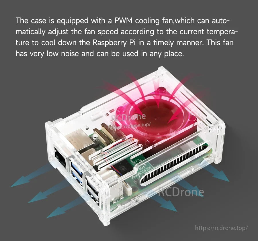 Yahboom Raspberry Pi 5 acrylic case airflow illustration showing PWM fan intake and exhaust through top vent