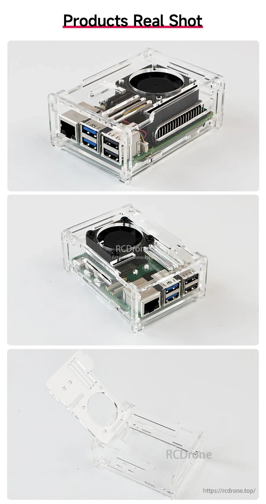 Clear acrylic case for Raspberry Pi 5 with top-mounted cooling fan cutout and open side access to USB and Ethernet ports