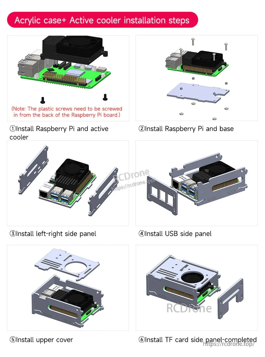 Installation steps diagram for Yahboom Raspberry Pi 5 acrylic case with active cooler, side panels, and top cover
