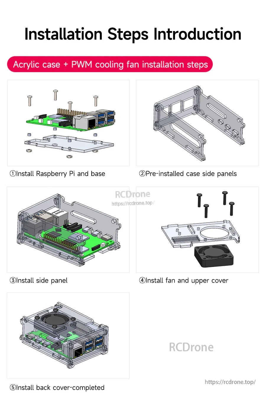 Exploded installation steps for acrylic case and PWM cooling fan assembly on Raspberry Pi 5