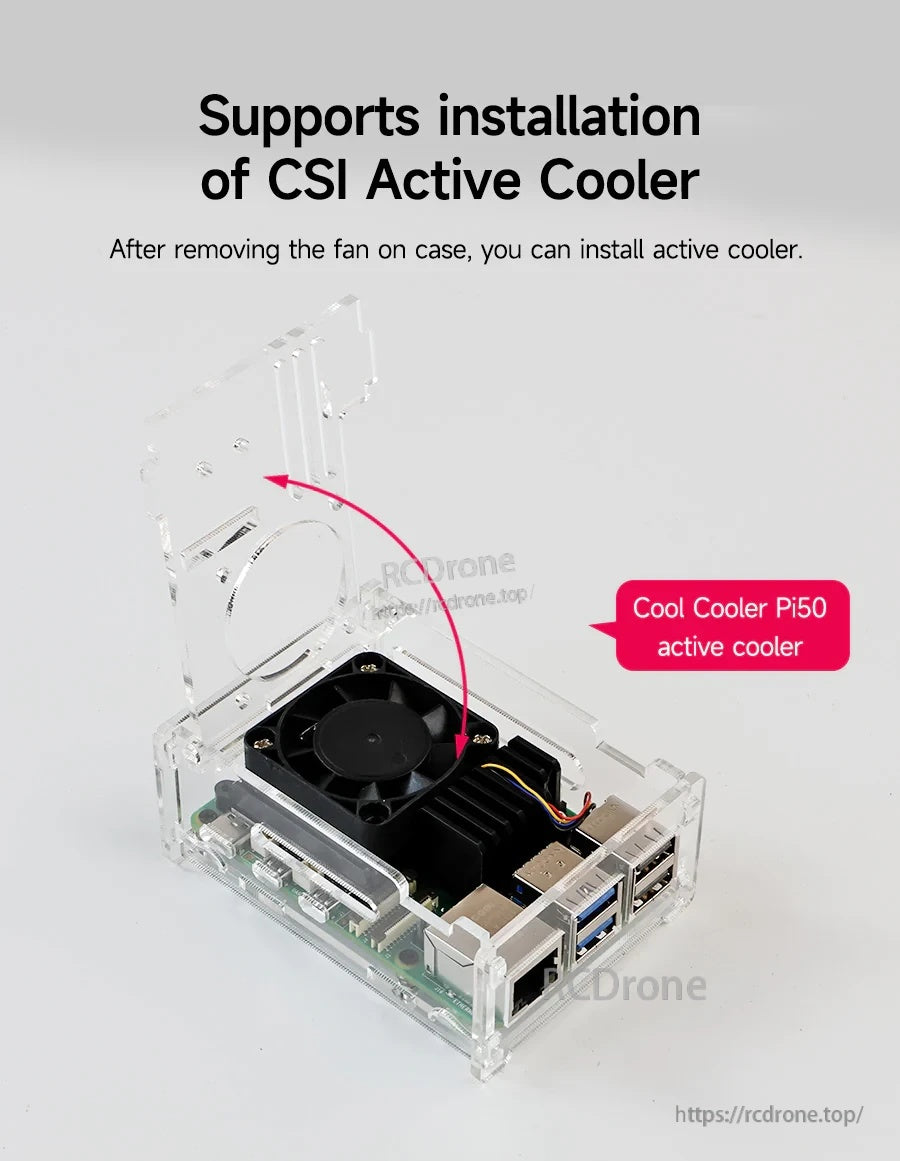 Case top cover opened to show active cooler installation after removing the included PWM case fan