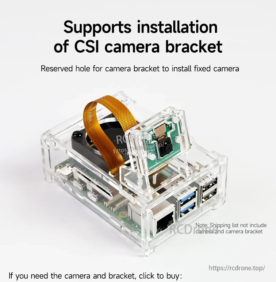 Acrylic case with reserved hole supporting installation of a CSI camera bracket on Raspberry Pi 5