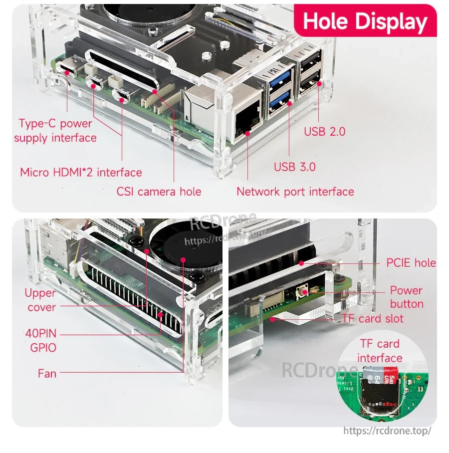 Clear acrylic Raspberry Pi 5 case with cutouts for USB 3.0/2.0, Ethernet, micro HDMI, USB-C power and TF card