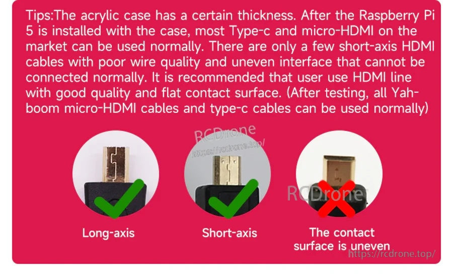 Tip graphic for Yahboom Raspberry Pi 5 acrylic case showing micro-HDMI and USB-C connector compatibility guidance