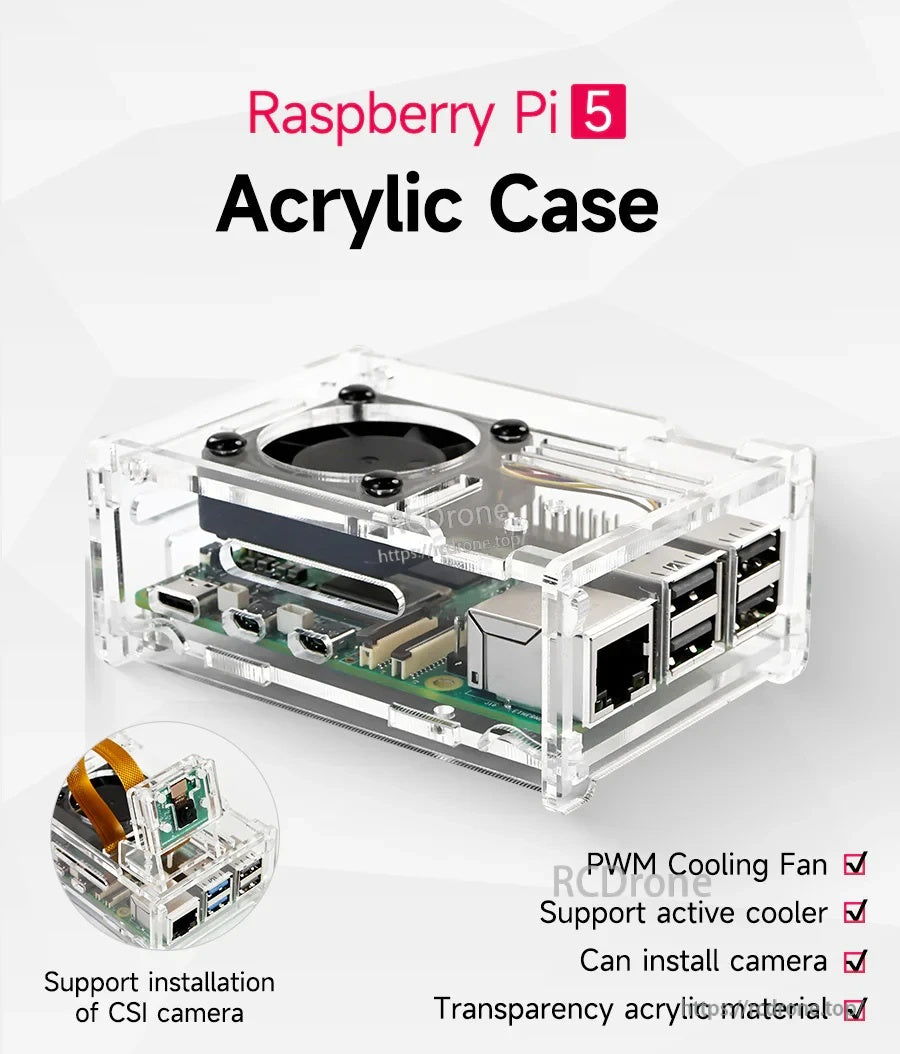 Yahboom Raspberry Pi 5 acrylic case with transparent panels and top-mounted PWM cooling fan