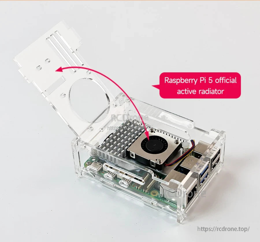 Acrylic case configured with Raspberry Pi 5 official active radiator installed under the top cover