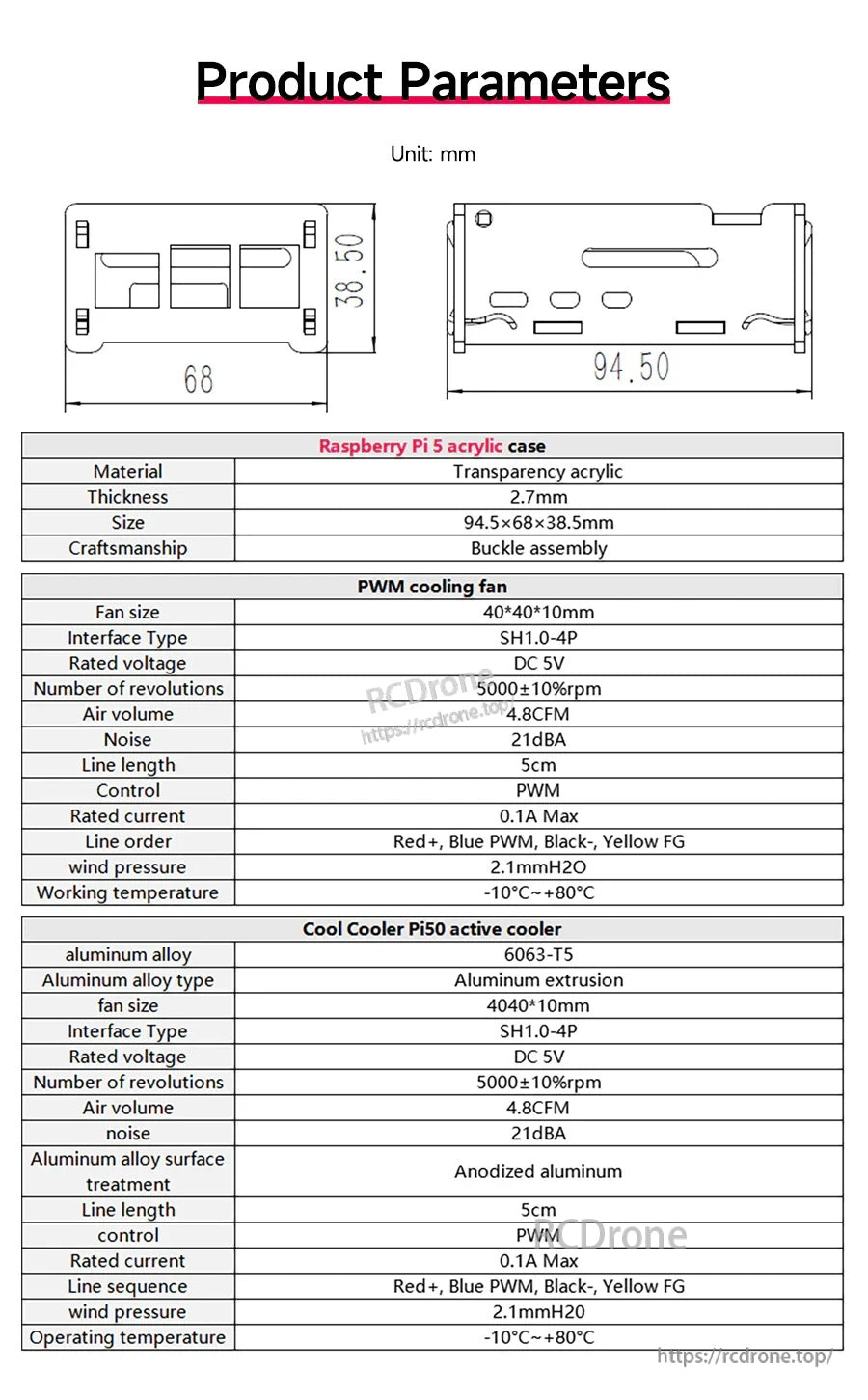 Product parameters sheet for Yahboom Raspberry Pi 5 acrylic case with dimension drawings and size 94.5×67.3×32.5 mm.