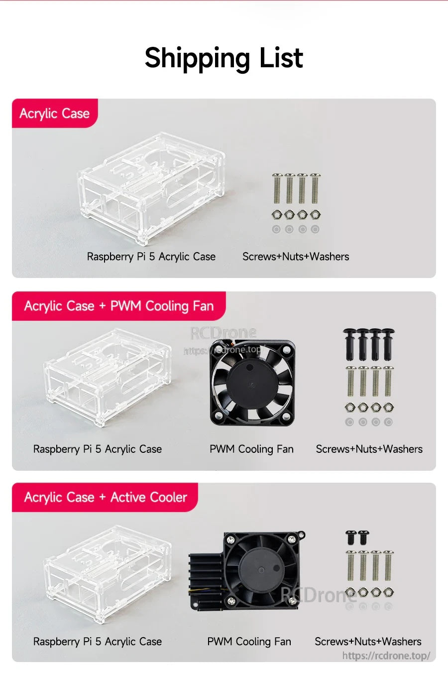 Shipping list for Yahboom Raspberry Pi 5 acrylic case showing case-only and bundles with PWM fan or active cooler plus screws