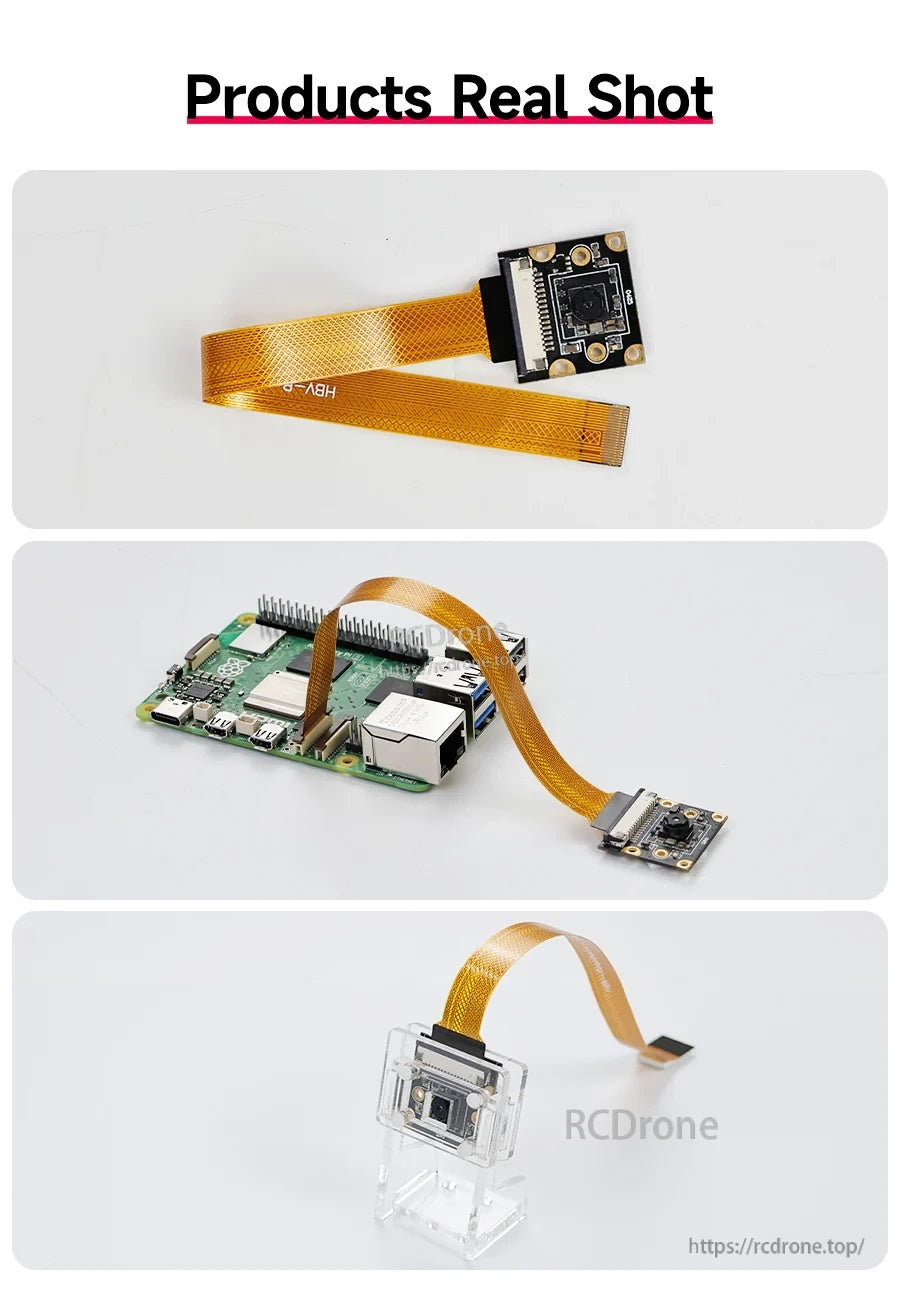 Real product photos of the Raspberry Pi 5 IMX219 8MP camera module, ribbon cable, and acrylic bracket setup