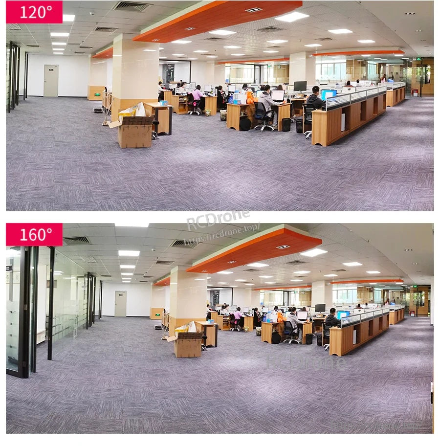Field-of-view comparison sample images labeled 120 degrees and 160 degrees for a wider indoor scene