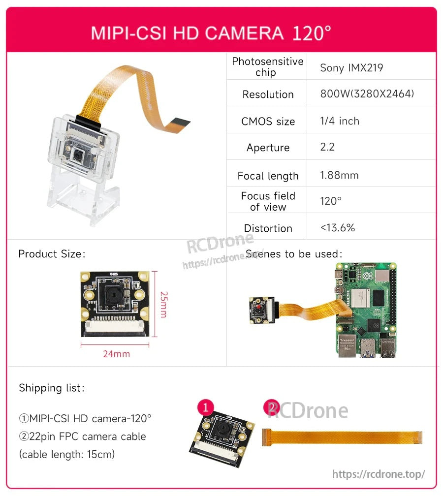 IMX219 camera specs card for 120° wide-angle lens option with size and included 22-pin FPC cable