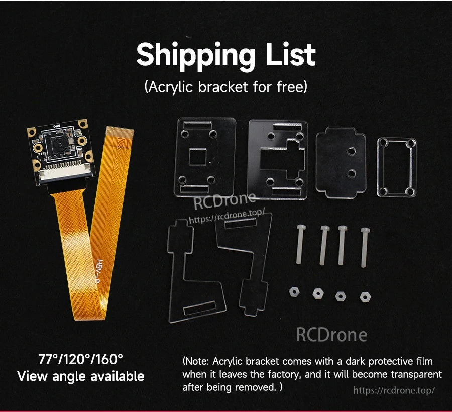 Package contents flat lay: IMX219 camera module, 22-pin FPC ribbon cable, acrylic bracket plates and screws
