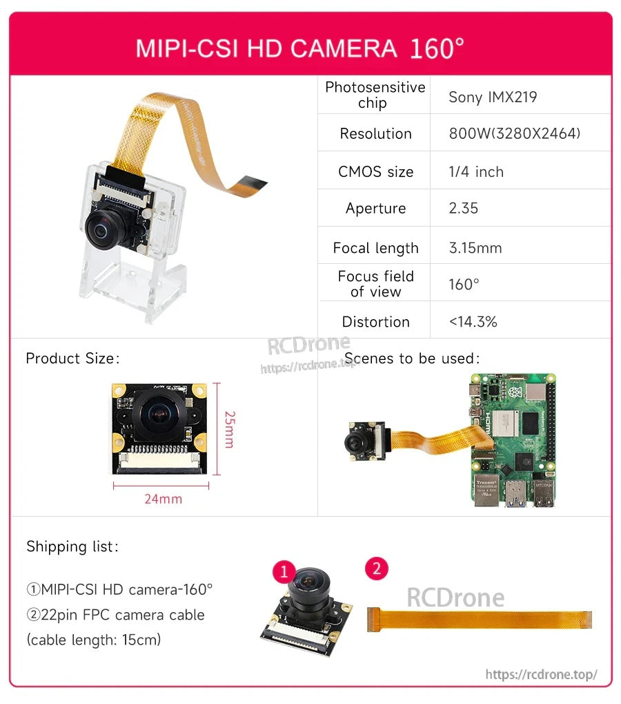 IMX219 camera specs card for 160° ultra-wide lens option with module size and 22-pin FPC cable