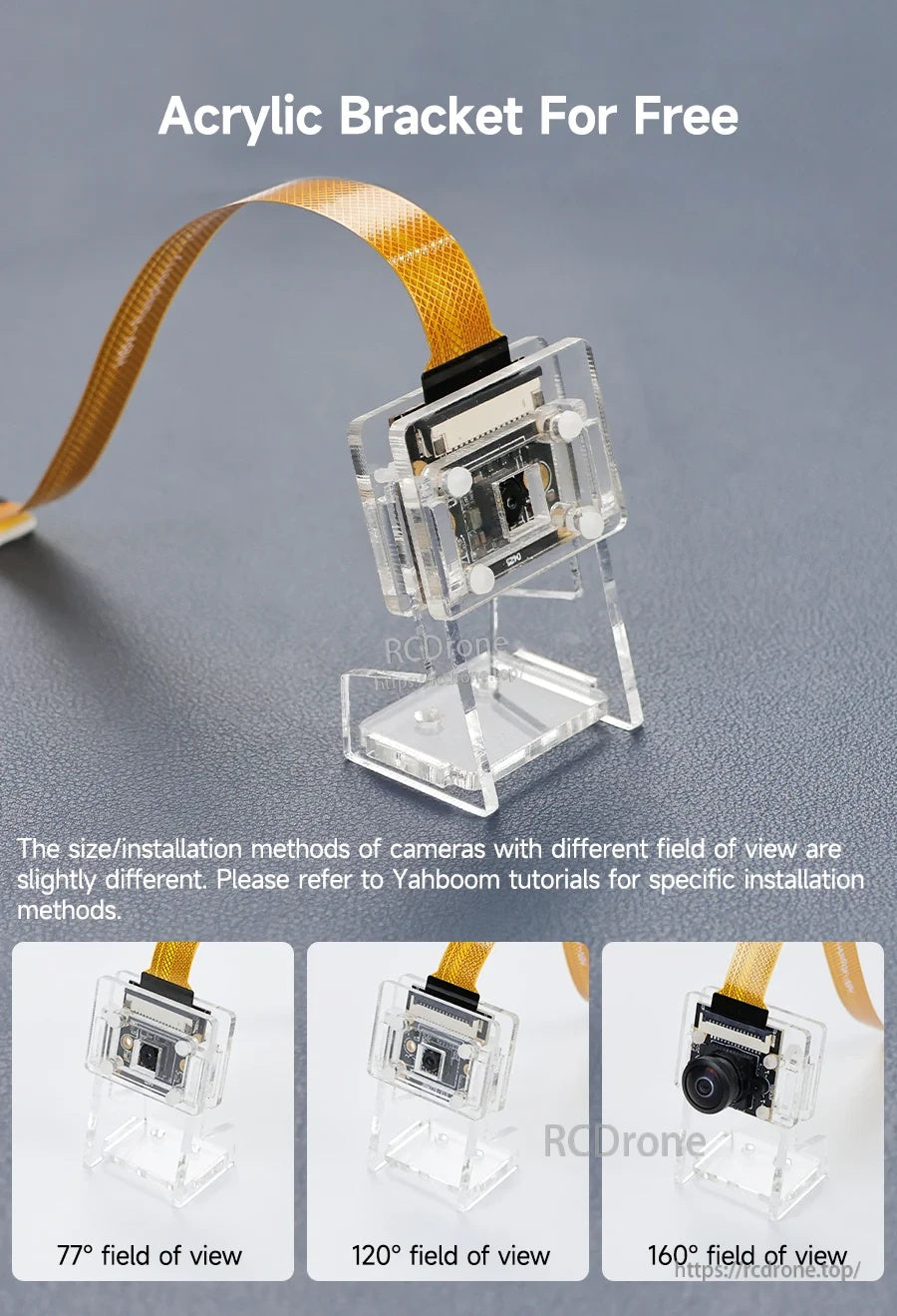 Clear acrylic mounting bracket holding the camera module, with examples for 77°, 120°, and 160° lenses
