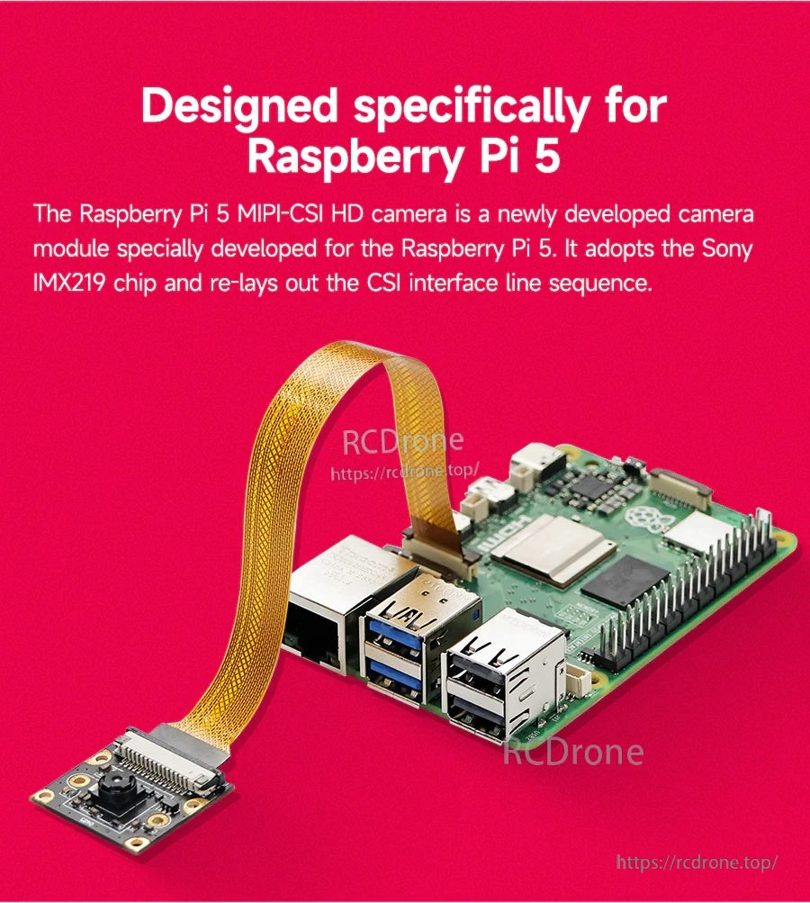 Raspberry Pi 5 camera module connected via MIPI-CSI ribbon cable to Raspberry Pi 5 board