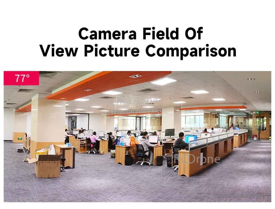 Field-of-view comparison sample image labeled 77 degrees in an indoor office scene