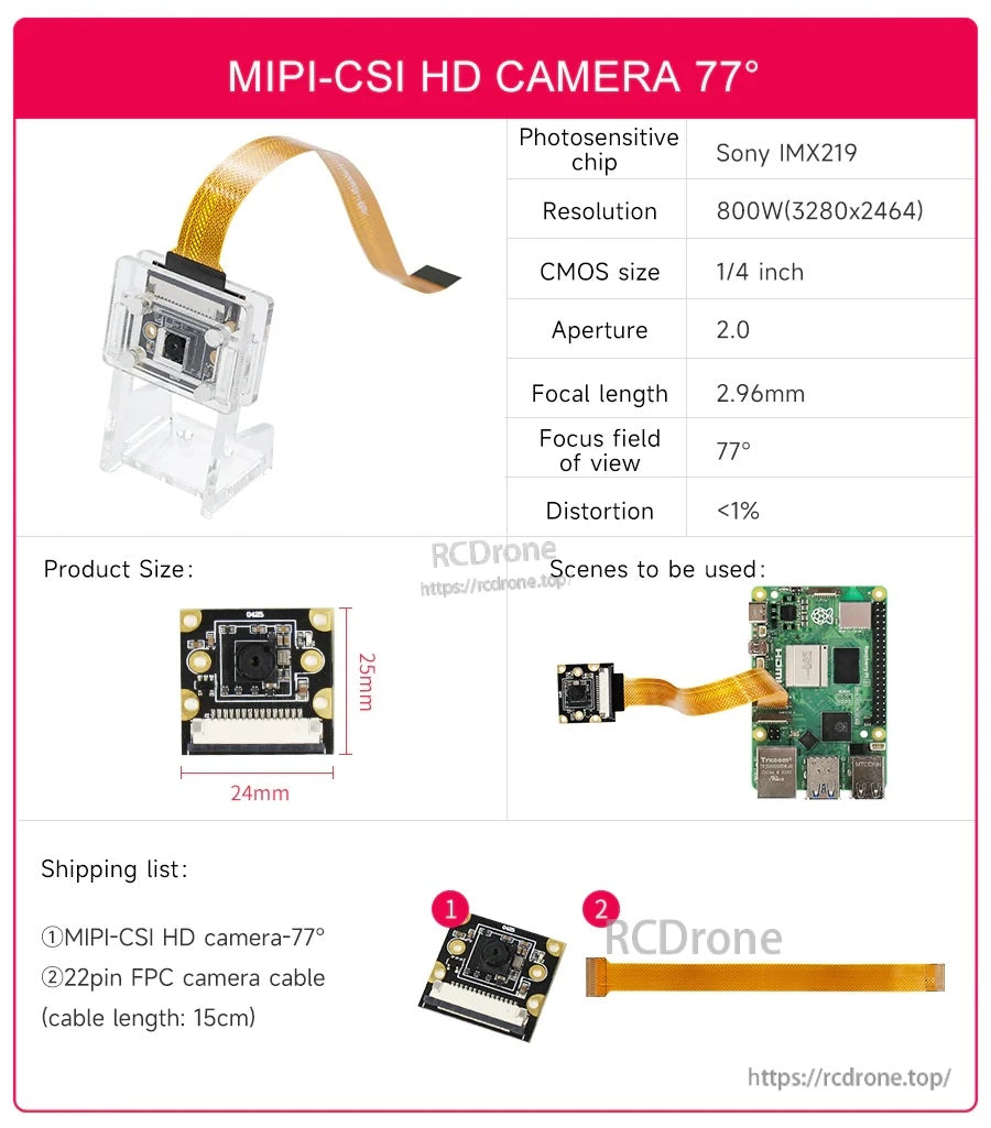 IMX219 camera specs card for 77° field of view with module size and included 15 cm 22-pin FPC cable