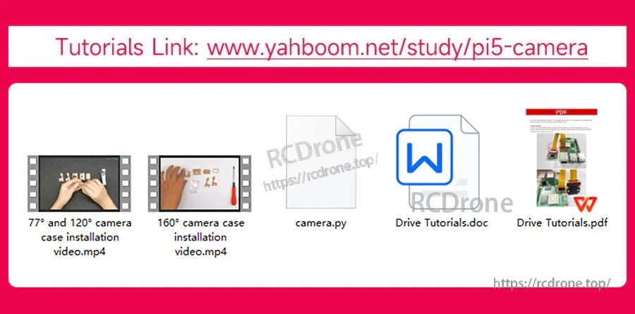 Tutorial resources banner with Yahboom Pi 5 camera link and files: videos, camera.py, PDF and DOC guides
