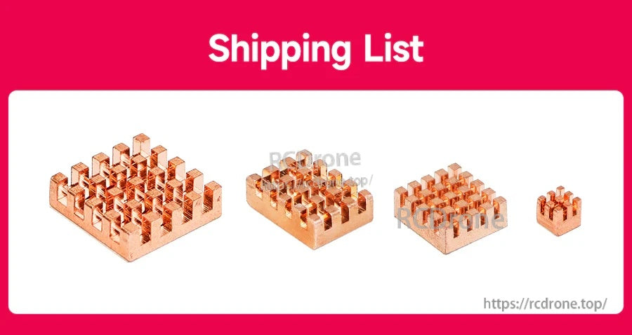 Package contents image showing the 4-piece copper heat sink set included in the shipping list
