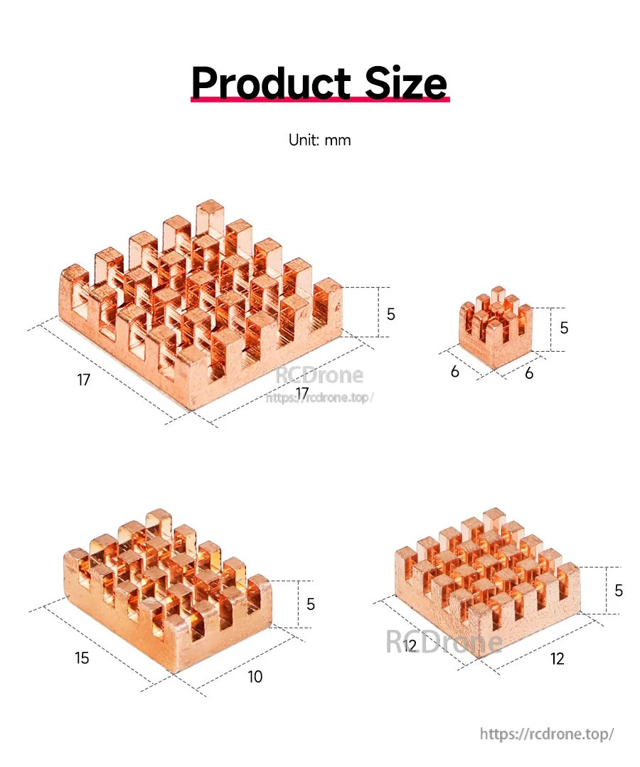 Product size diagram of four copper heat sinks: 17×17×5, 15×10×5, 12×12×5, and 6×6×5 mm