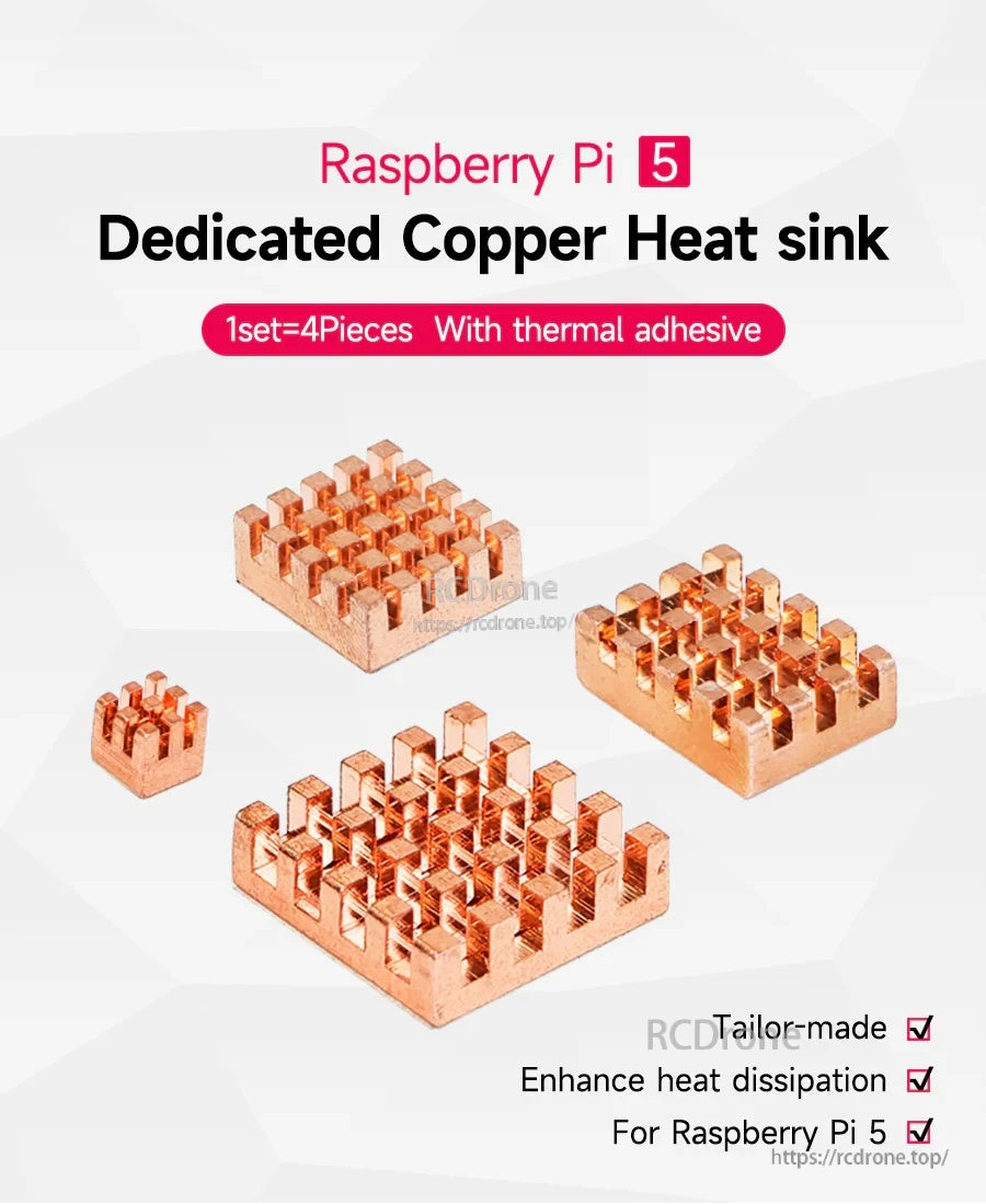 Raspberry Pi 5 Heat Sink Set with four copper heat sinks and included thermal adhesive for stick-on cooling
