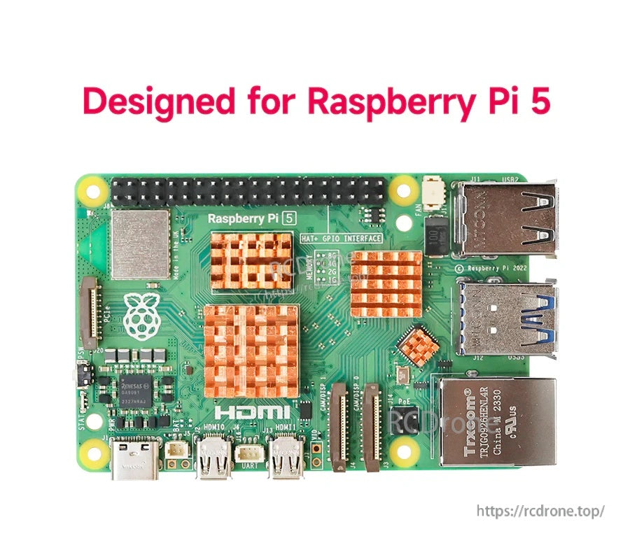 Copper heat sinks positioned on a Raspberry Pi 5 board to cover the main chips for improved heat dissipation