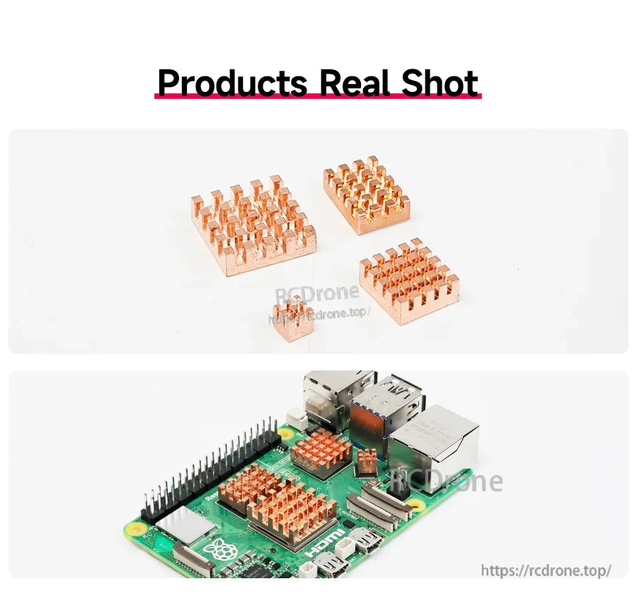 Raspberry Pi 5 Heat Sink Set real photos showing all four copper heat sinks and an installed example on a Pi 5 board