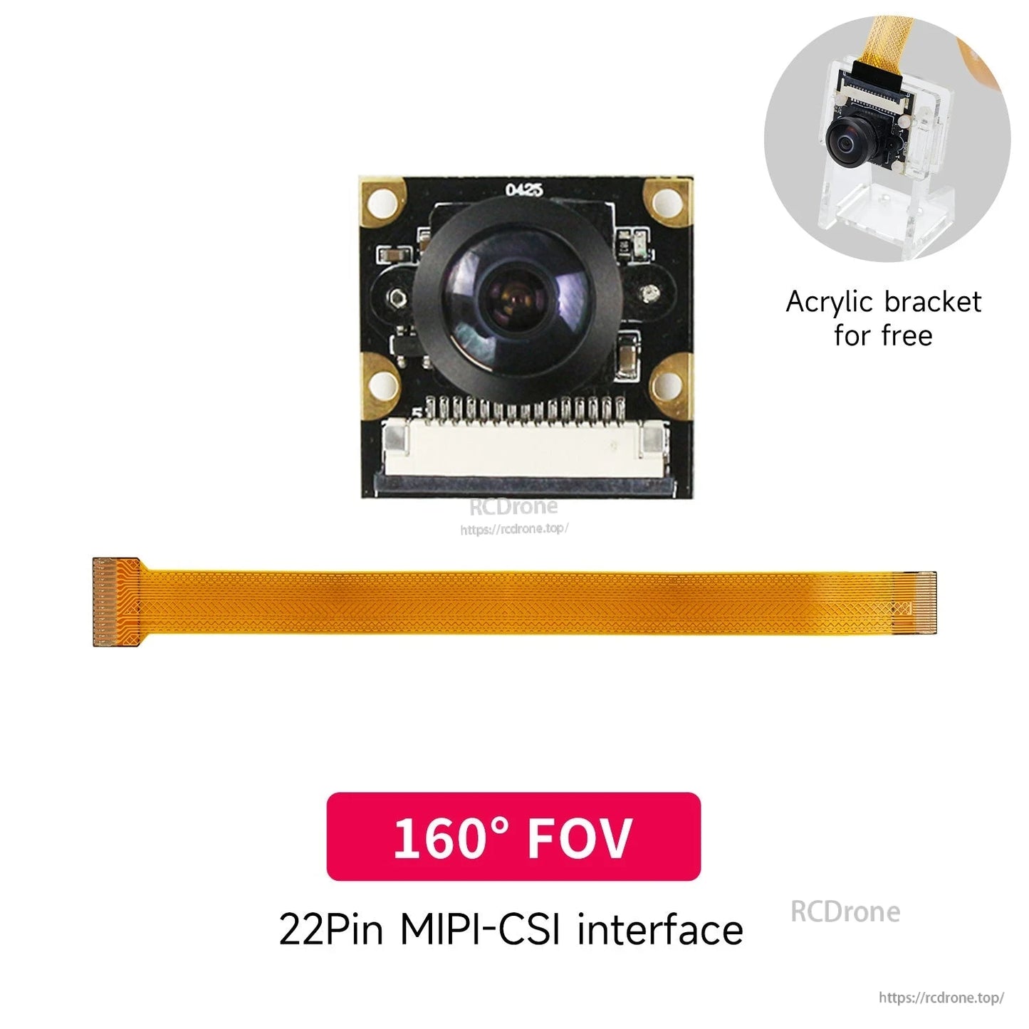 IMX219 camera module 160° FOV wide-angle option with 22-pin MIPI-CSI interface, acrylic bracket shown