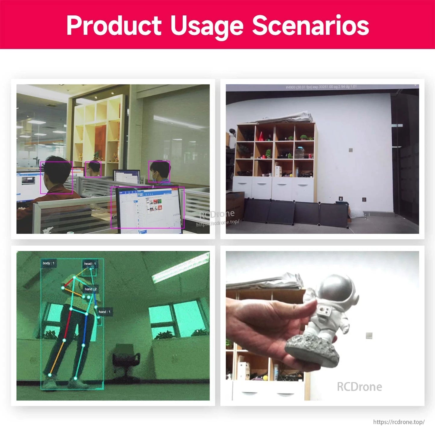 Computer vision demo screenshots showing object detection and pose tracking as camera usage scenarios