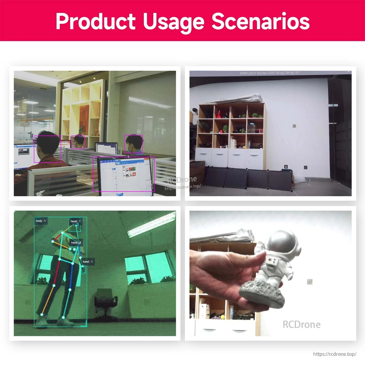 Computer vision demo screenshots showing object detection and pose tracking as camera usage scenarios