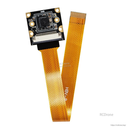 Close-up of IMX219 camera board with 22-pin ribbon cable attached, front side view on white background