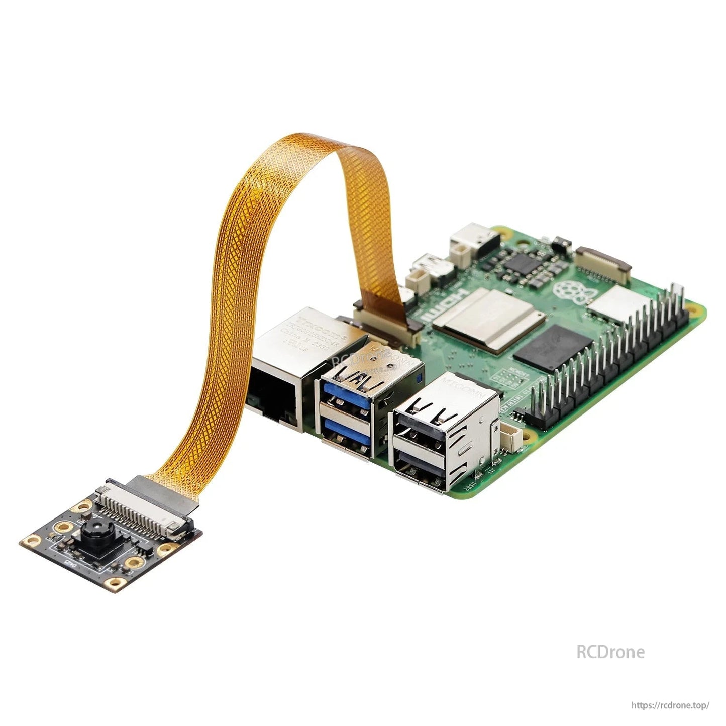 IMX219 camera connected to Raspberry Pi via 22-pin MIPI-CSI ribbon cable, angled setup view