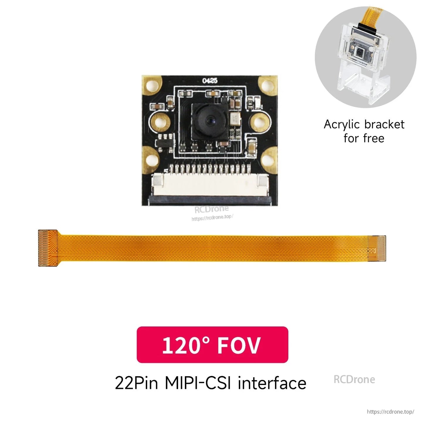 IMX219 camera module 120° FOV option with 22-pin MIPI-CSI interface, acrylic bracket shown