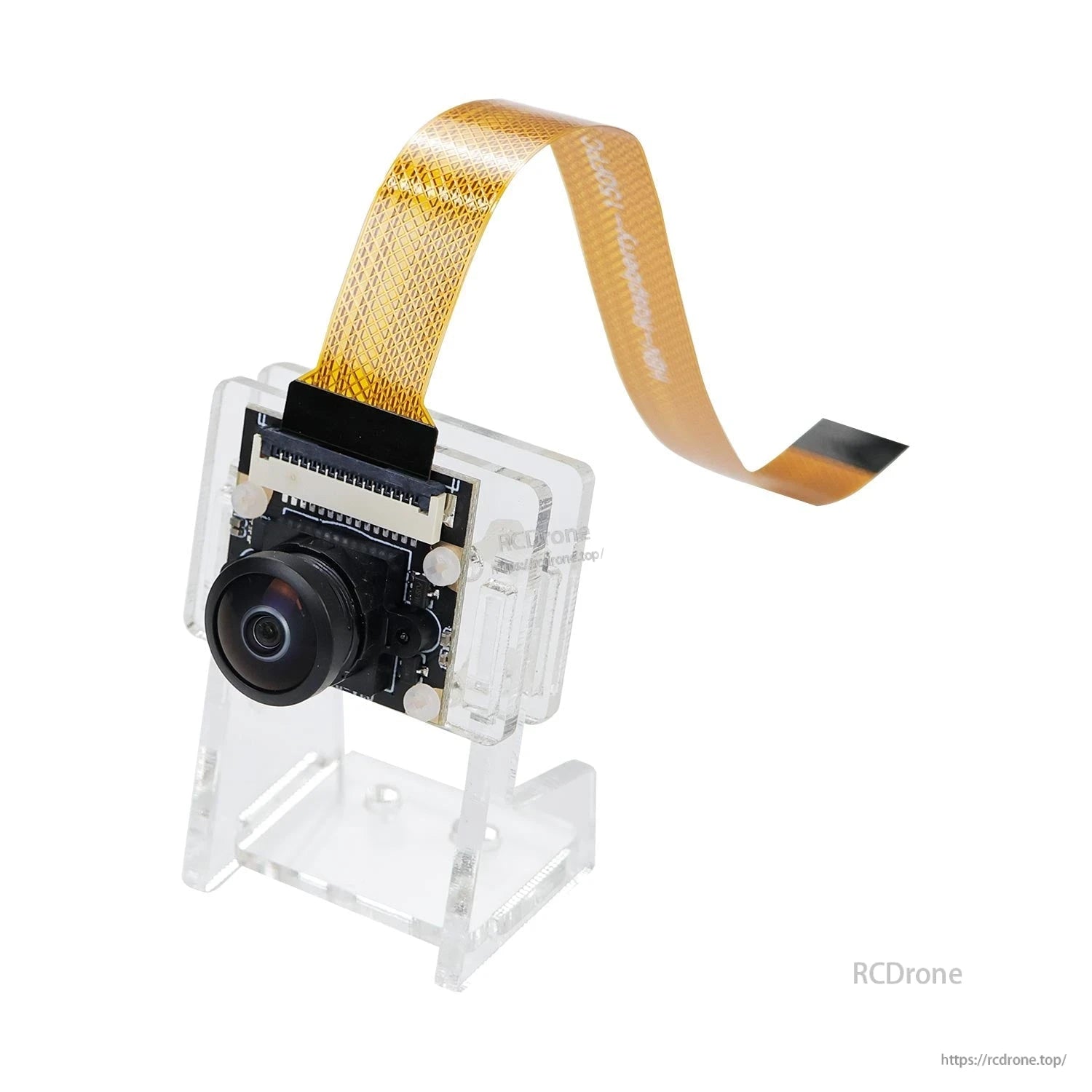 Camera module mounted in clear acrylic bracket stand with wide-angle lens and ribbon cable attached